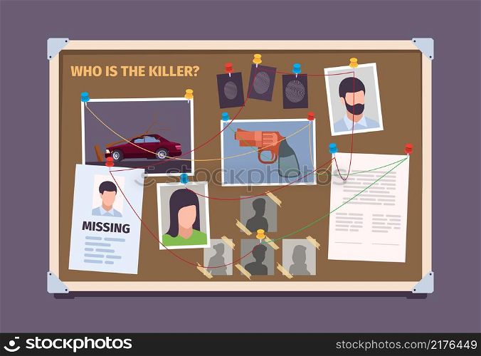 Detective board. Police officer evidence photo check board with sticky pictures justice garish vector background in flat style. Illustration evidence of crime, criminal investigation. Detective board. Police officer evidence photo check board with sticky pictures justice garish vector background in flat style