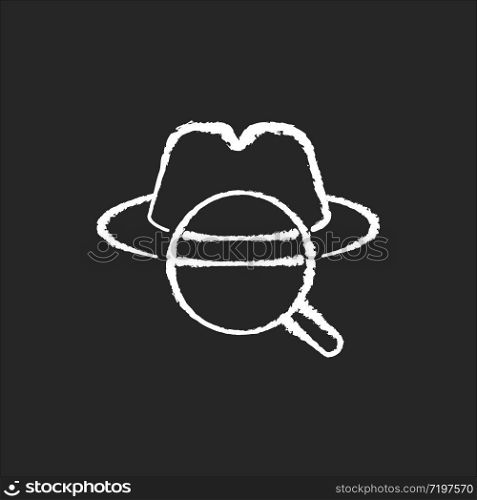 Detective chalk white icon on black background. Traditional movie genre, classic noir film. Murder mystery, crime investigation. Felt hat and magnifying glass isolated vector chalkboard illustration