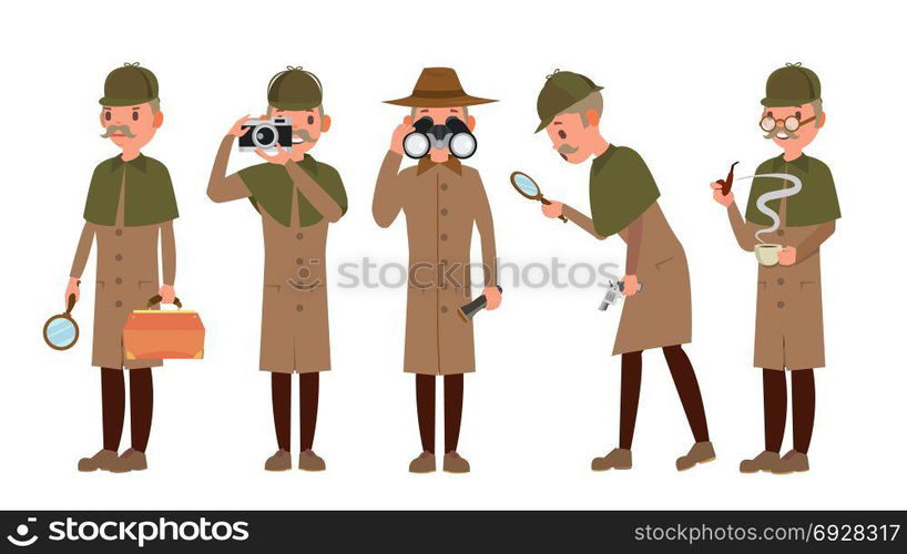 Detective Character Vector. Shamus, Spotter Man. Classic Detective Equipment. Isolated On White Cartoon Illustration. Classic Detective Vector. Retro Professional Funny Snoop, Shamus. Loking Through Magnifying Glass. Sleuthing, Disguising. Flat Cartoon Illustration