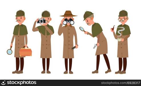 Detective Character Vector. Shamus, Spotter Man. Classic Detective Equipment. Isolated On White Cartoon Illustration. Classic Detective Vector. Retro Professional Funny Snoop, Shamus. Loking Through Magnifying Glass. Sleuthing, Disguising. Flat Cartoon Illustration