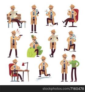 Detective characters. cartoon police secret agent and private search, surveillance hiding work isolated vector evidence forensic set. Detective characters. cartoon police secret agent and private search, surveillance hiding work isolated vector set