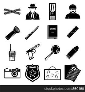Detective crime investigation icons set. Simple set of detective crime investigation vector icons for web design on white background. Detective crime investigation icons set, simple style