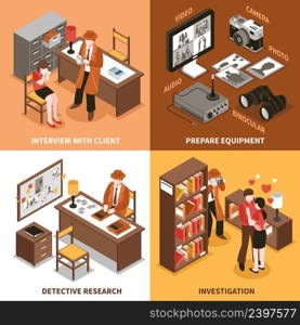 Detective design concept with covered man in coat and his client characters in private and office environment vector illustration. Sleuth Isometric Design Concept