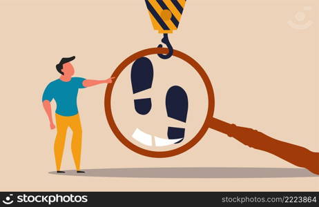 Detective footprint and investment to investigator. People search and looking path foot vector illustration concept. Man with magnifying glass and discovery expertise. Searching idea and research