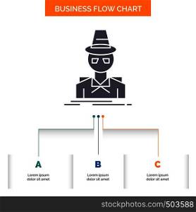 Detective, hacker, incognito, spy, thief Business Flow Chart Design with 3 Steps. Glyph Icon For Presentation Background Template Place for text.. Vector EPS10 Abstract Template background