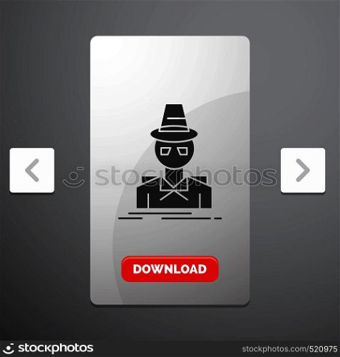 Detective, hacker, incognito, spy, thief Glyph Icon in Carousal Pagination Slider Design & Red Download Button. Vector EPS10 Abstract Template background