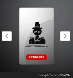 Detective, hacker, incognito, spy, thief Glyph Icon in Carousal Pagination Slider Design & Red Download Button. Vector EPS10 Abstract Template background