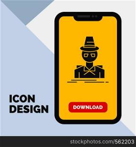 Detective, hacker, incognito, spy, thief Glyph Icon in Mobile for Download Page. Yellow Background. Vector EPS10 Abstract Template background