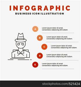 Detective, hacker, incognito, spy, thief Infographics Template for Website and Presentation. Line Gray icon with Orange infographic style vector illustration. Vector EPS10 Abstract Template background