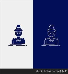Detective, hacker, incognito, spy, thief Line and Glyph web Button in Blue color Vertical Banner for UI and UX, website or mobile application. Vector EPS10 Abstract Template background