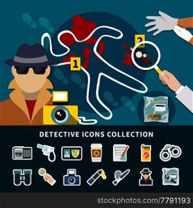 Detective icon set with icon collection with secret surveillance murder investigation and crime scene vector illustration. Detective Icon Set