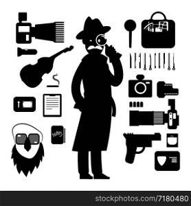Detective icons isolated on white background. Police accessorises silhouettes. Vector illustration. Detective icons isolated on white background. Police accessorises silhouettes