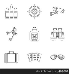Detective icons set. Outline illustration of 9 detective vector icons for web. Detective icons set, outline style