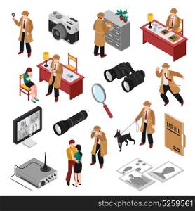 Detective Isometric Set. Detective isometric set with client, workplace and equipment, search with dog, case file, photos isolated vector illustration