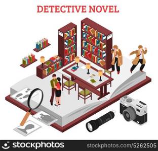 Detective Novel Design Concept. Detective novel design concept with interior of reading room of library and elements of detective plot isometric vector illustration