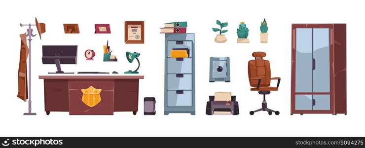 Detective office set. Police department interior elements, investigator workplace elements desk clue board with evidence flat style. Vector cartoon collection of office for detective illustration. Detective office set. Police department interior elements, investigator workplace elements desk clue board with evidence flat style. Vector cartoon collection