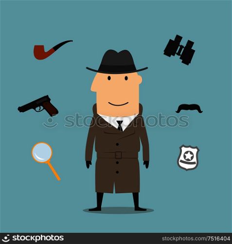 Detective profession icons with man in black hat and sunglasses, encircled by binoculars and pipe, magnifier and gun, sheriff star badge and fake moustache. Detective and spy profession icons