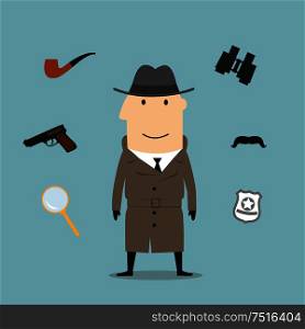 Detective profession icons with man in black hat and sunglasses, encircled by binoculars and pipe, magnifier and gun, sheriff star badge and fake moustache. Detective and spy profession icons