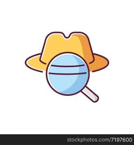 Detective RGB color icon. Traditional movie genre, classic noir film. Murder mystery, crime investigation. Felt hat and magnifying glass isolated vector illustration