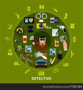 Detective round composition with detective and his working tools and things for work vector illustration. Detective Round Composition