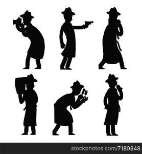 Detective silhouettes isolated on white. Policeman silhouettes vector illustration. Detective police investigator, private inspector. Detective silhouettes isolated on white. Policeman silhouettes vector illustration