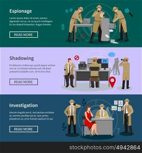 Detective Spy Horizontal Banners . Detective spy horizontal banners with agents in various professional situations in flat style vector illustration
