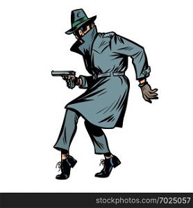 detective spy man with gun pose. isolate on white background. Comic cartoon pop art retro vector illustration drawing. detective spy man with gun pose. isolate on white background