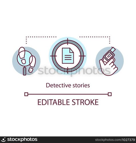 Detective stories books concept icon. Crime fiction literature idea thin line illustration. Criminal stories and investigations. Proof searching. Vector isolated outline drawing. Editable stroke