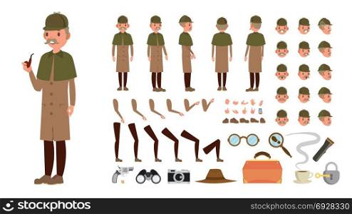 Detective Vector. Animated Tec Character Creation Set. Snoop, Shamus, Spotter Full Length, Front, Side, Back View, Poses, Emotions, Hairstyle, Gestures. Isolated Flat Cartoon Illustration. Detective Vector. Animated Tec Character Creation Set. Snoop, Shamus, Spotter Full Length, Front, Side, Back View, Poses Emotions Hairstyle Gestures Isolated Illustration