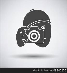 Detective With Camera Icon. Dark Gray on Gray Background With Round Shadow. Vector Illustration.