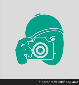 Detective With Camera Icon. Green on Gray Background. Vector Illustration.
