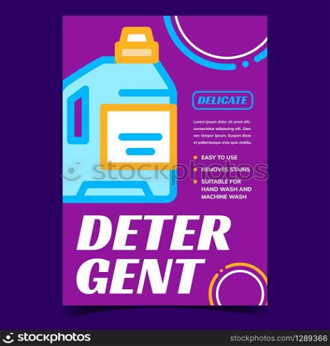 Detergent Bottle Creative Advertise Banner Vector. Detergent Plastic Container For Delicate Wash Clothes. Washing And Cleaning Laundry Service Concept Template Stylish Color Illustration. Detergent Bottle Creative Advertise Banner Vector
