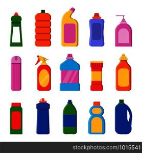 Detergent bottles. Cleaning products container household items laundry service vector flat illustrations. Detergent bottle container isolated for hygiene and household. Detergent bottles. Cleaning products container household items laundry service vector flat illustrations