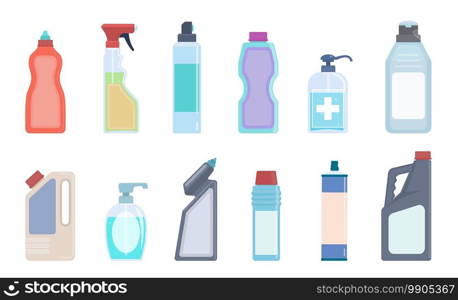 Detergent bottles. Cleaning supplies in plastic containers, bleach and household chemicals bottle collection, sanitary washing products for kitchen, toilet and home vector isolated flat colorful set. Detergent bottles. Cleaning supplies in plastic containers, bleach and household chemicals bottle, sanitary washing products for kitchen, toilet and home vector isolated flat set