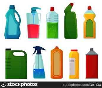 Detergent bottles. Cleaning supplies products, bleach bottle and plastic detergents containers. Household bottles, sanitary chemicals cleaners equipment. Cartoon vector illustration isolated icons set. Detergent bottles. Cleaning supplies products, bleach bottle and plastic detergents containers cartoon vector illustration