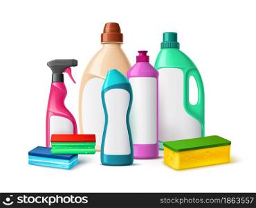 Detergent bottles composition. Realistic domestic chemical cleaning products group, plastic color packaging, laundry and household hygiene package with blank labels vector 3d isolated on white concept. Detergent bottles composition. Realistic domestic chemical cleaning products group, plastic color packaging, laundry and household hygiene package with blank labels vector 3d isolated concept