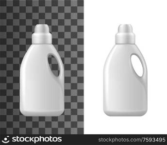 Detergent bottles mockup, isolated 3d vector white blank realistic plastic bottle. Household chemicals tube for cleaning with handle, liquid soap, stain remover, laundry bleach or cleaner. Detergent bottles mockup, isolated vector