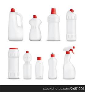 Detergent bottles realistic set of isolated plastic packaging of different shape for cleaning substances without labels vector illustration. Cleaning Product Bottles Collection