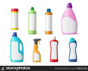 Detergent color mockup. Different domestic cleaners containers, sanitary liquid products, realistic bottles with blank labels, laundry and household hygiene package, vector 3d isolated on white set. Detergent color mockup. Different domestic cleaners containers, sanitary liquid products, realistic bottles with blank labels, laundry and household hygiene package, vector 3d isolated set