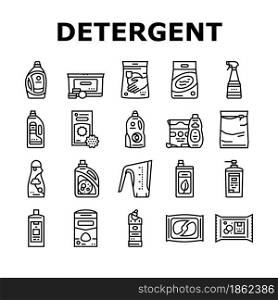 Detergent Organic Laundry Soap Icons Set Vector. Detergent Gel Container And Canister, Chemical Liquid And Powder, Pods And Balls Line. Housework Hygiene Pills Package Black Contour Illustrations. Detergent Organic Laundry Soap Icons Set Vector