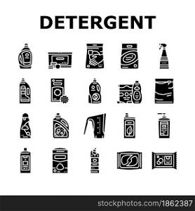 Detergent Organic Laundry Soap Icons Set Vector. Detergent Gel Container And Canister, Chemical Liquid And Powder, Pods And Balls. Housework Hygiene Pills Package Glyph Pictograms Black Illustrations. Detergent Organic Laundry Soap Icons Set Vector
