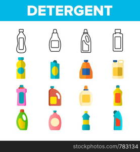 Detergent, Washing Liquid Vector Thin Line Icons Set. Detergent, Plastic Bottles with Washing Powder, Cleanser Linear Pictograms. Housekeeping Accessory for Dirty Laundry Color Symbols Collection. Detergent, Washing Liquid Vector Thin Line Icons Set