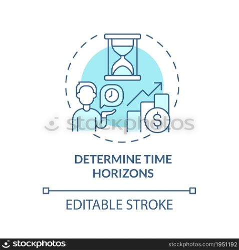 Determine investment timeline concept icon. Investments income growth periods abstract idea thin line illustration. Planning time horizon. Vector isolated outline color drawing. Editable stroke. Determine investment timeline concept icon