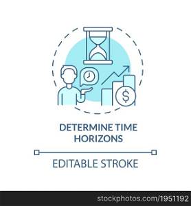 Determine investment timeline concept icon. Investments income growth periods abstract idea thin line illustration. Planning time horizon. Vector isolated outline color drawing. Editable stroke. Determine investment timeline concept icon