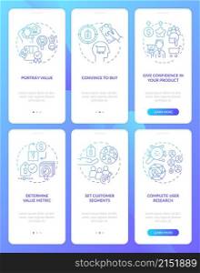 Determine price strategy blue gradient onboarding mobile app screen set. Walkthrough 3 steps graphic instructions pages with linear concepts. UI, UX, GUI template. Myriad Pro-Bold, Regular fonts used. Determine price strategy blue gradient onboarding mobile app screen set