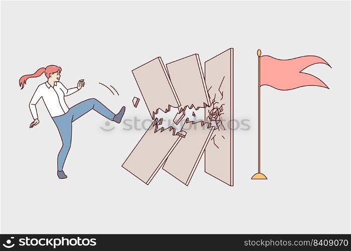 Determined woman break wall with leg kick. Motivated businesswoman find way to overcome obstacles and reach success. Achievement and challenge. Vector illustration. . Motivated woman break wall with leg kick
