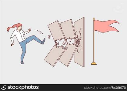 Determined woman break wall with leg kick. Motivated businesswoman find way to overcome obstacles and reach success. Achievement and challenge. Vector illustration. . Motivated woman break wall with leg kick