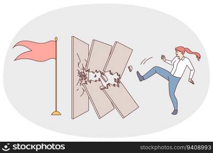 Determined woman break wall with leg kick. Motivated businesswoman find way to overcome obstacles and reach success. Achievement and challenge. Vector illustration.. Motivated woman break wall with leg kick