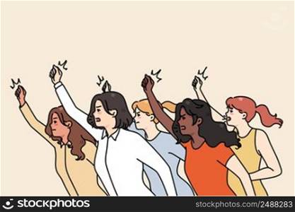 Determined women struggle for equal rights on protest or demonstration. Female activists or leaders struggle for equality. Social justice warrior, girl power and feminism. Vector illustration. . Women activist on protest for equal rights 