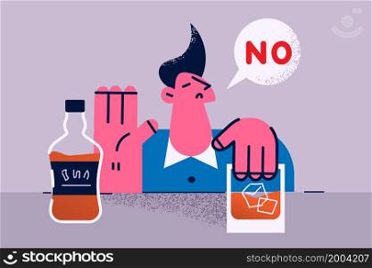 Determined young man refuse from alcohol show no hand gesture at bar. Focused male reject alcoholic drink follow healthy lifestyle. Bad habit, alcoholism problem or addiction. Vector illustration. . Young man refuse from alcohol drink at bar